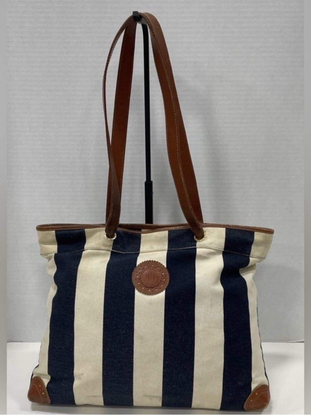 Fendi Navy and Cream Striped Canvas Tote with Brown Leather Trim